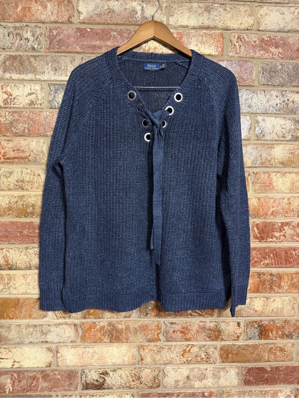 Ralph Lauren Linen Navy Lace-Up Crewneck Sweater